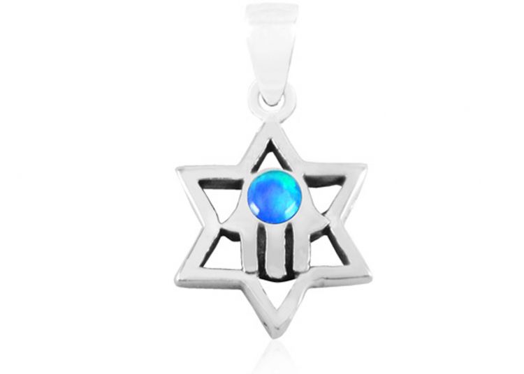 Blue Opal Hamsa and top Star of David necklace, 925 Sterling silver opal hamsa necklace pendant, Jewish charm star and hamsa pendant necklace.